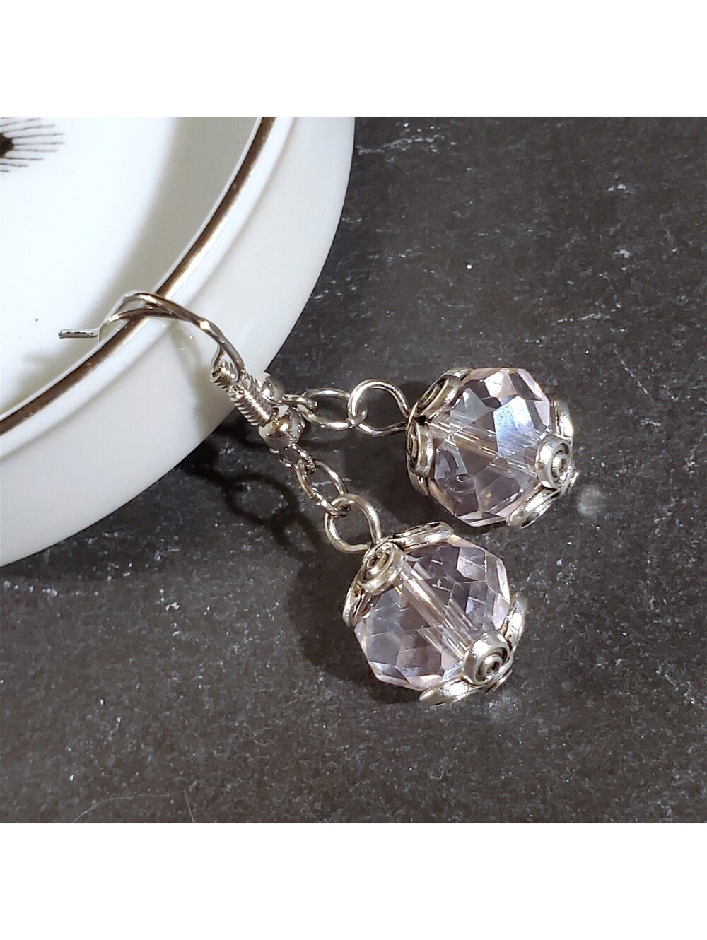 Vintage Light Pink Crystal Beads Antique Silver Carved Accents Earrings - Picture 7 of 10